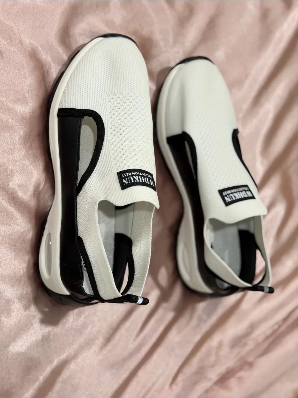 White & Black Slip-On Mesh Sport Sneakers for Women